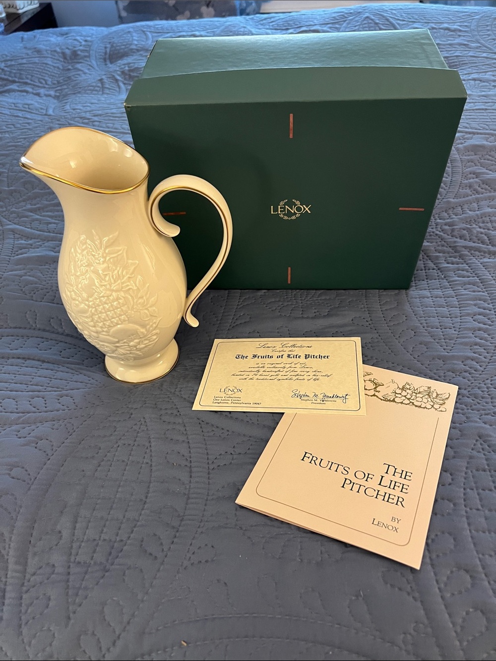 Lenox White Porcelain Pitcher with Gold Trim and Embossed Fruit Motif